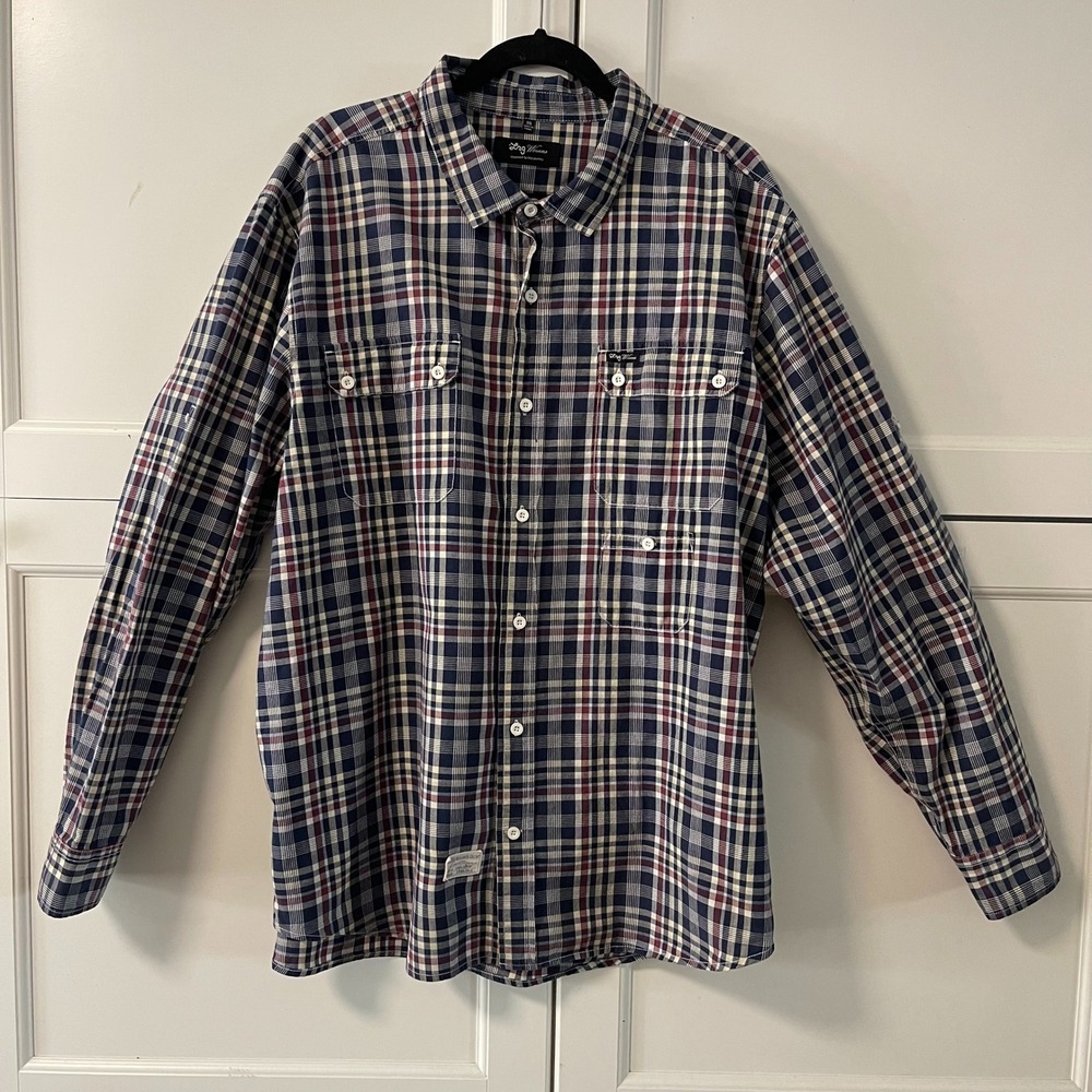 LRG Wovens Mens Shirt   Navy Blue Red Plaid Long Sleeve Button Down Shirt 3XL